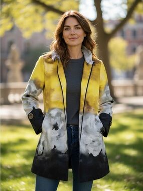 Connie Yellow & Gray Watercolor Open-Front Trench Coat